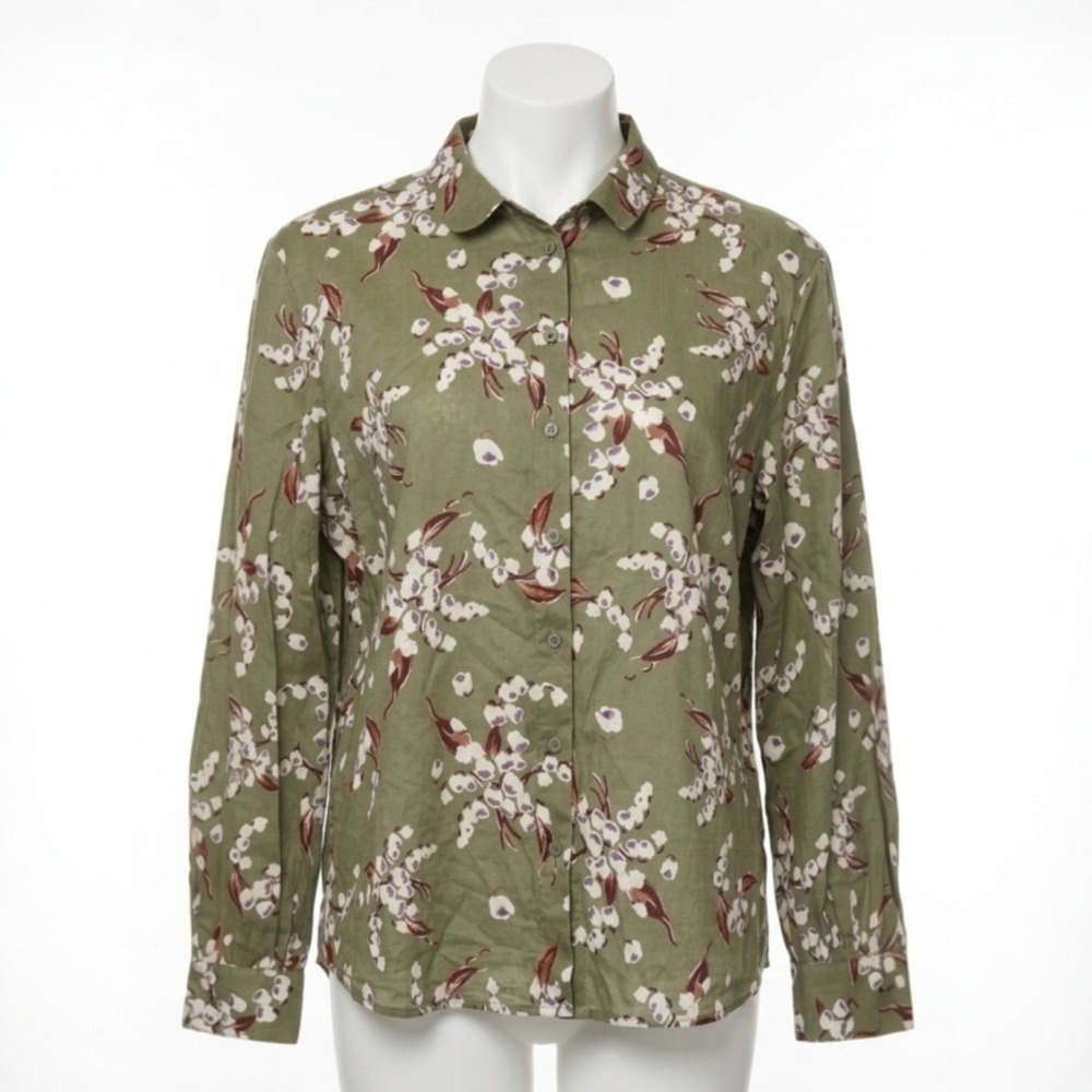 Per Una Green Floral Button Down Shirt Long Sleeve Cottagecore Boho Blouse